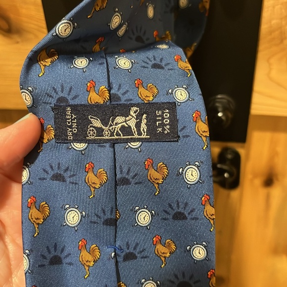 Hermes Tie Chicken with Alarm Clock & Sunrise silk 100% blue men's 7566 SA - Picture 2 of 9